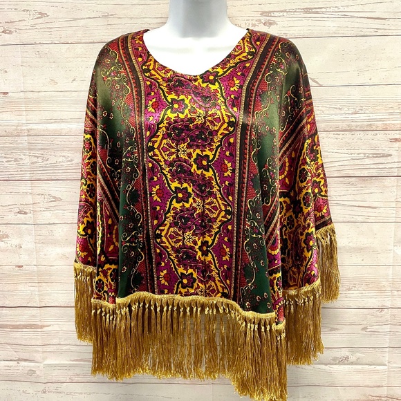Vintage Silky Paisley Fringe Poncho top - Picture 1 of 7